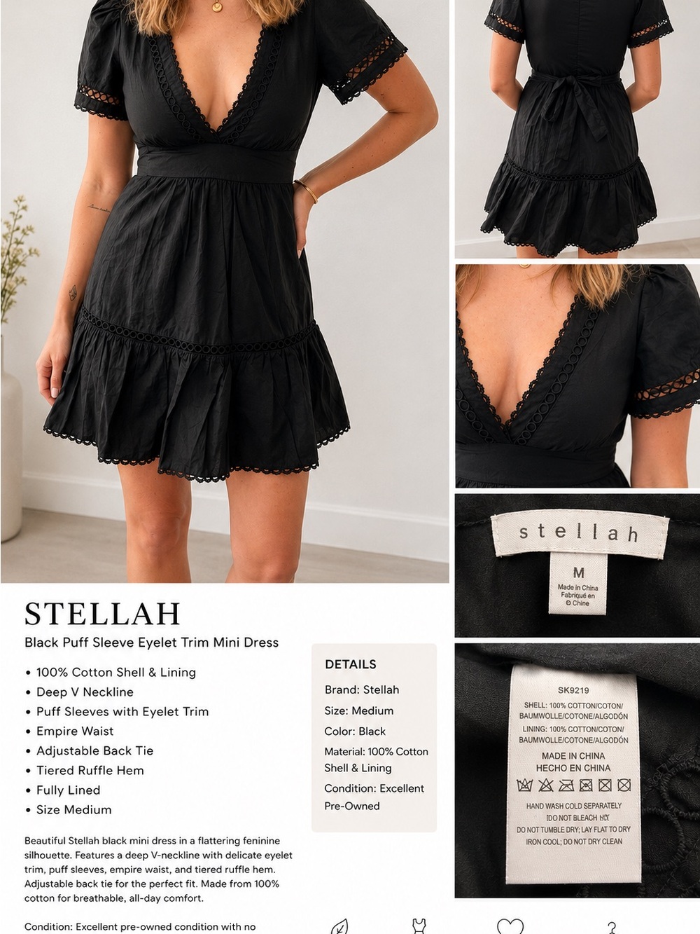 Stellah Black Puff Sleeve Eyelet-Trim Mini Dress